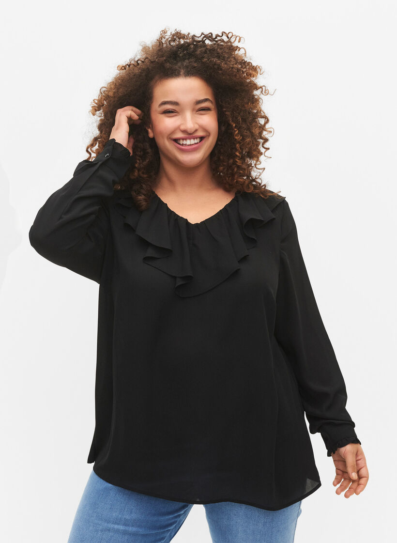 Bluse med lange ermer og volanger, Black, Model image number 0