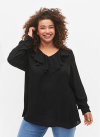 Bluse med lange ermer og volanger, Black, Model