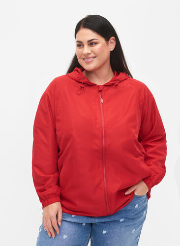 Kort jakke med hette og justerbar bunn, Tango Red, Model image number 0