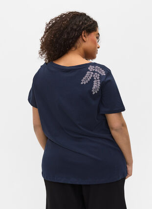 Kortermet T-skjorte i bomull med dekorativ strass, Navy Blazer Stone, Model image number 1