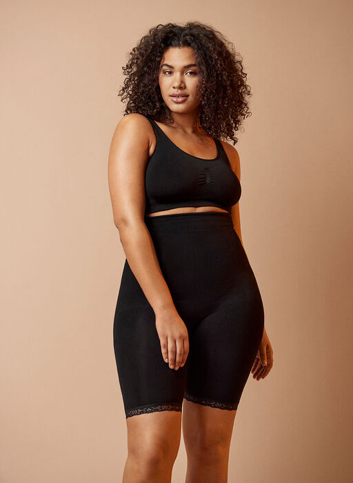 Shapewear shorts med høyt liv og blondekant, Black, Image image number 0