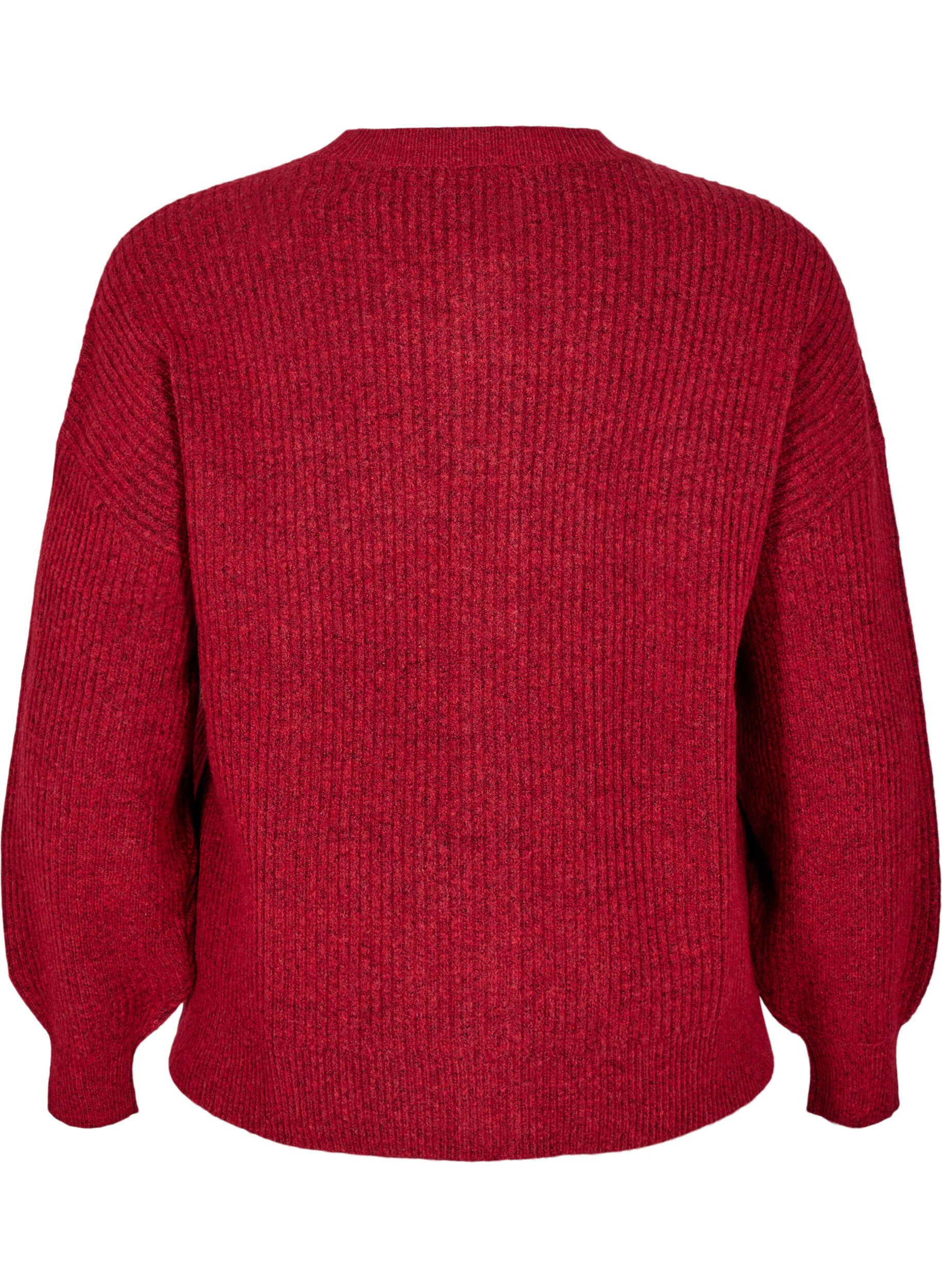ZizziRibbestrikket cardigan med knapper, R&oslash;d, Packshot image number 1