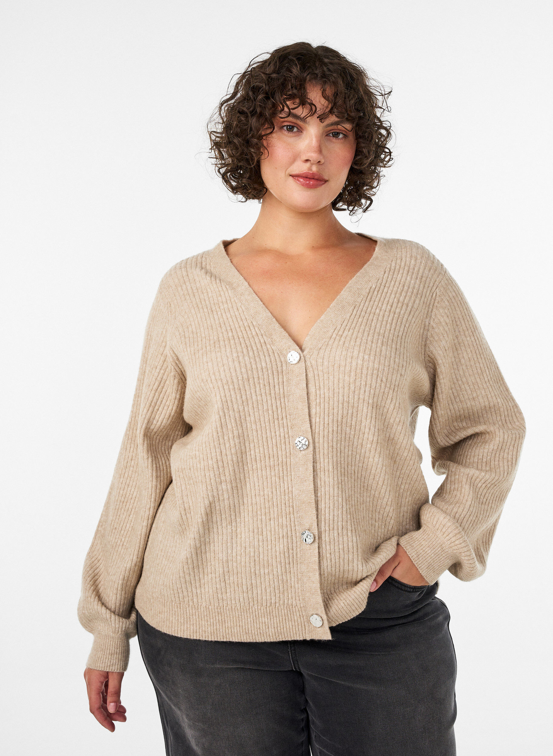 ZizziCardigan med V-hals og ribbestruktur, Beige, Model image number 0