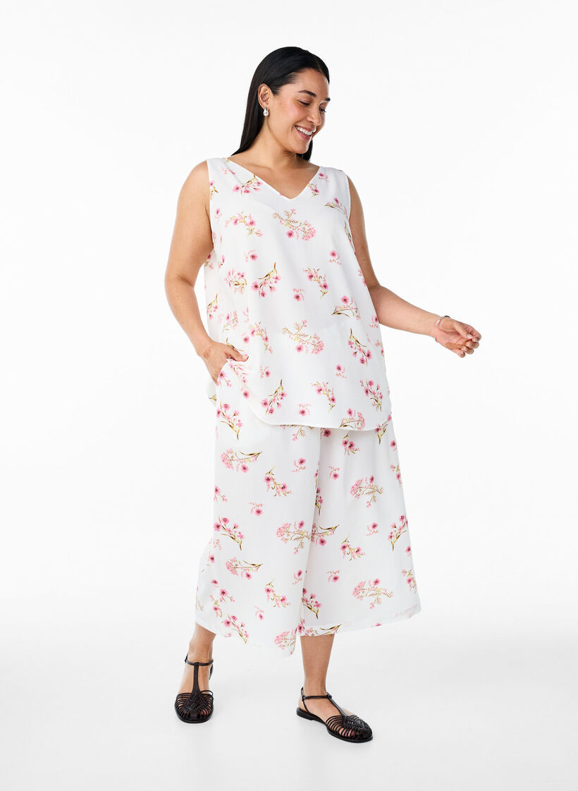 Topp med trykk og V-hals, Hvit, Model image number 1