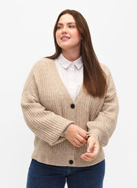 Melange cardigan i ribbestrikk, Simply Taupe Mel., Model