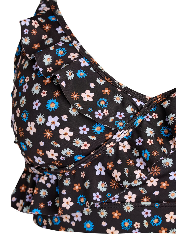 Blomstrete bikinioverdel med volangdetaljer, Brun, Packshot image number 2