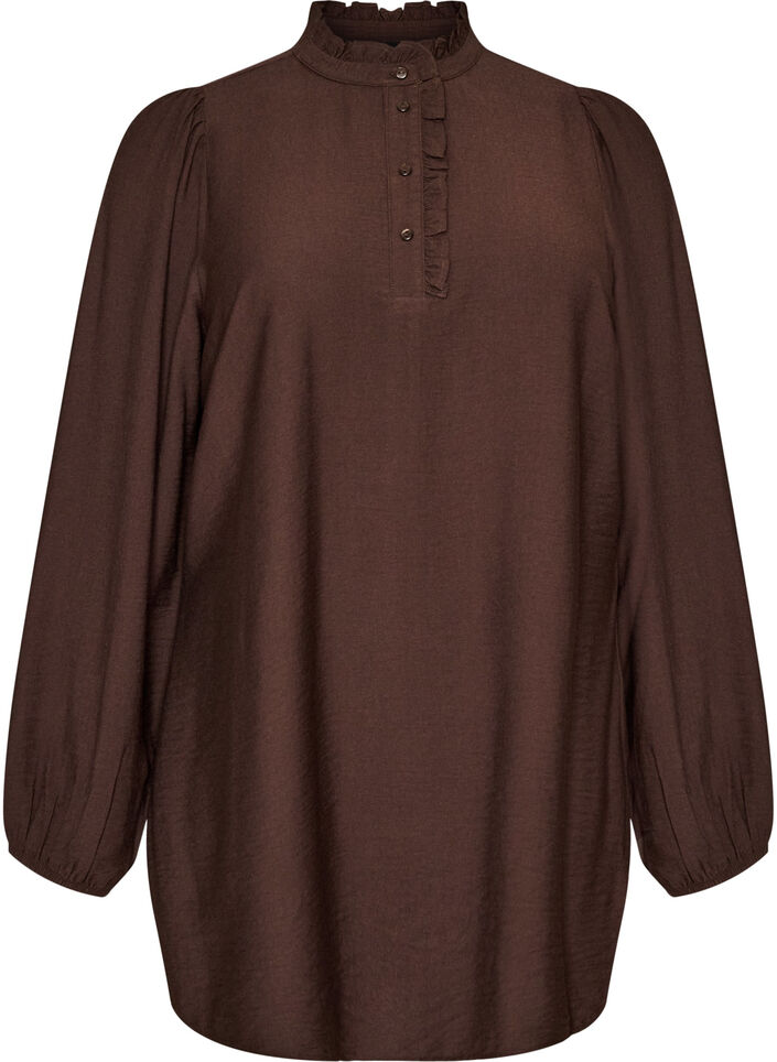Viskosetunika med volanger og knapper, Brun, Packshot image number 0