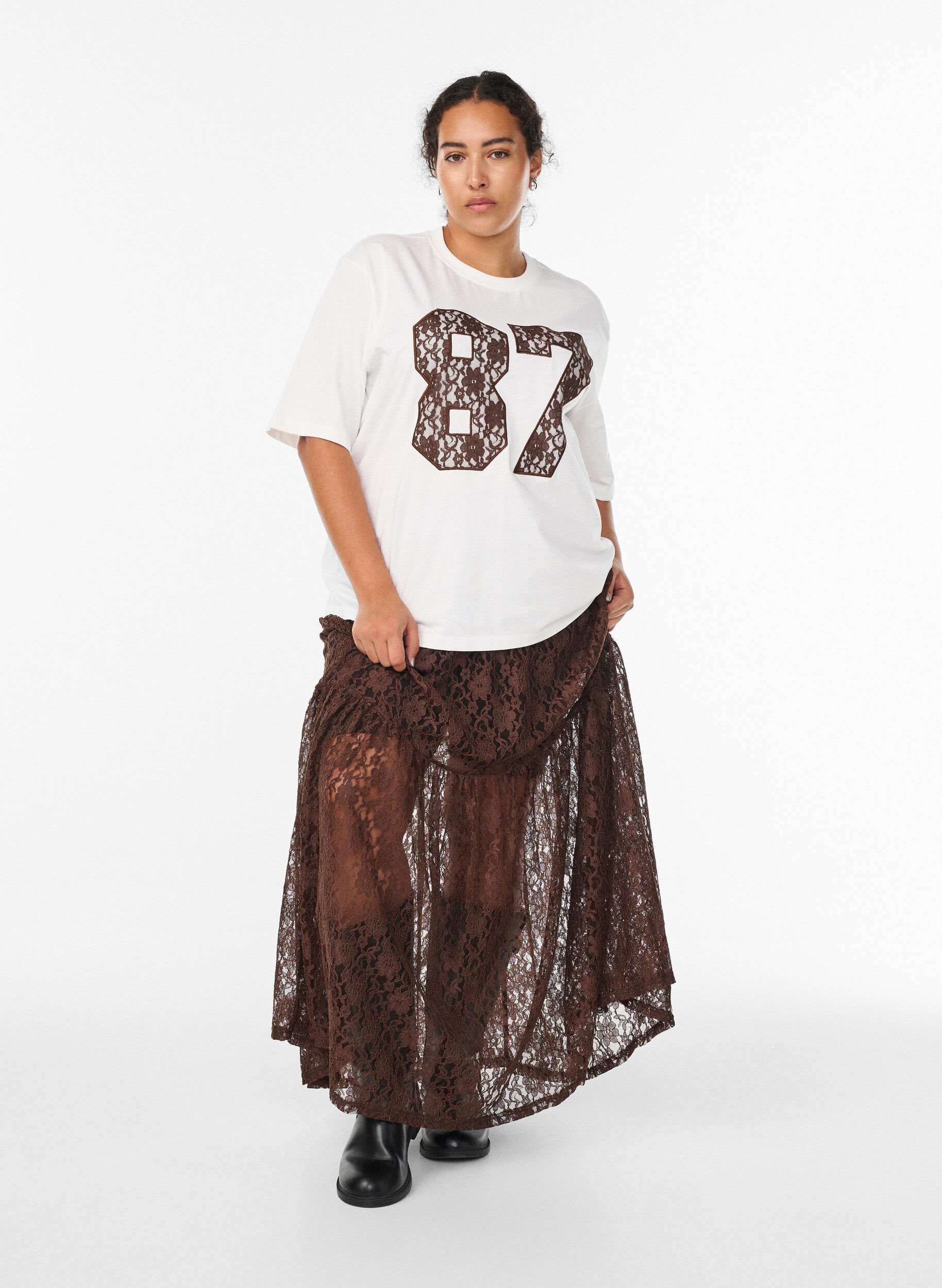 Zizzi Bomulls t-skjorte med blondedetalj foran, Hvit, Model image number 1
