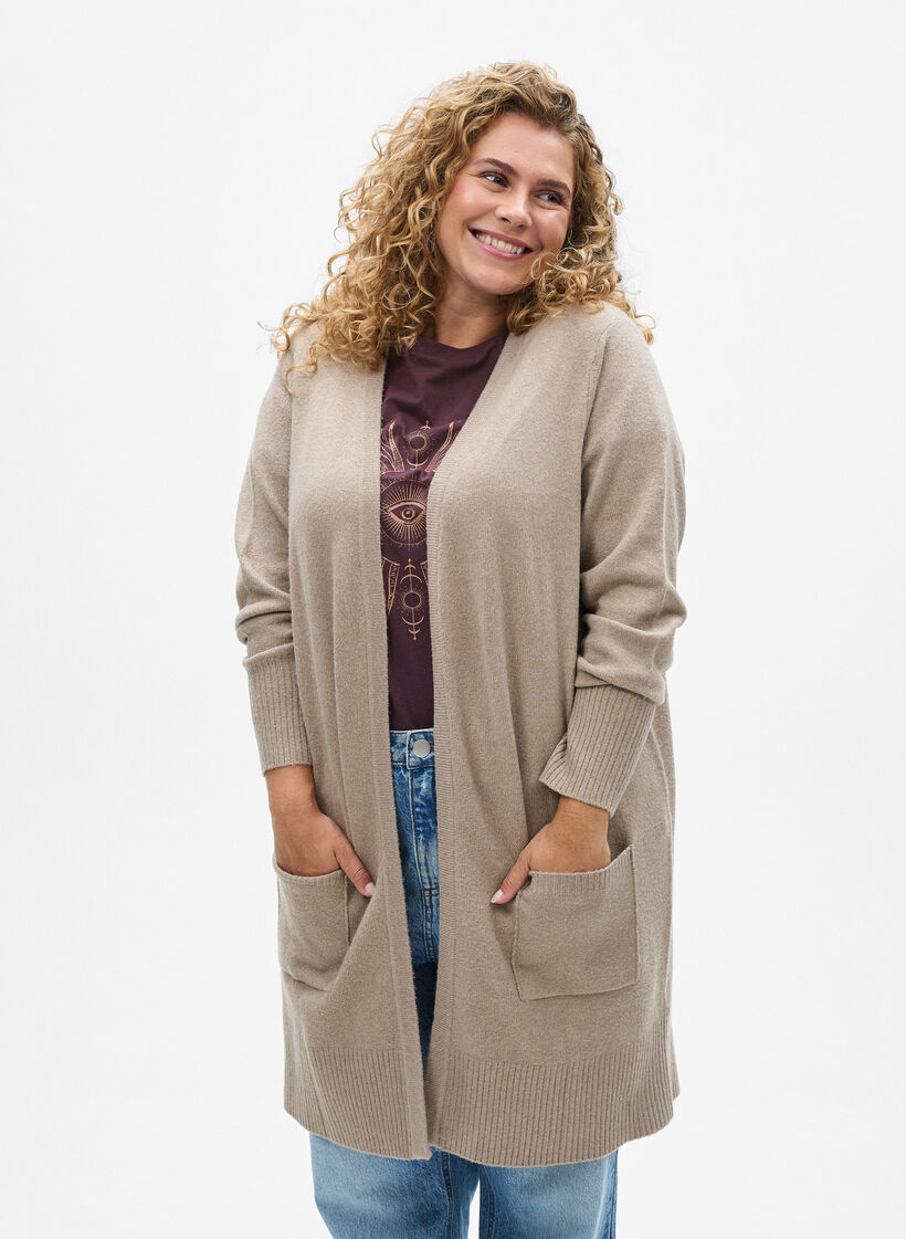 Ribbestrikket cardigan med lommer, Beige, Model image number 0