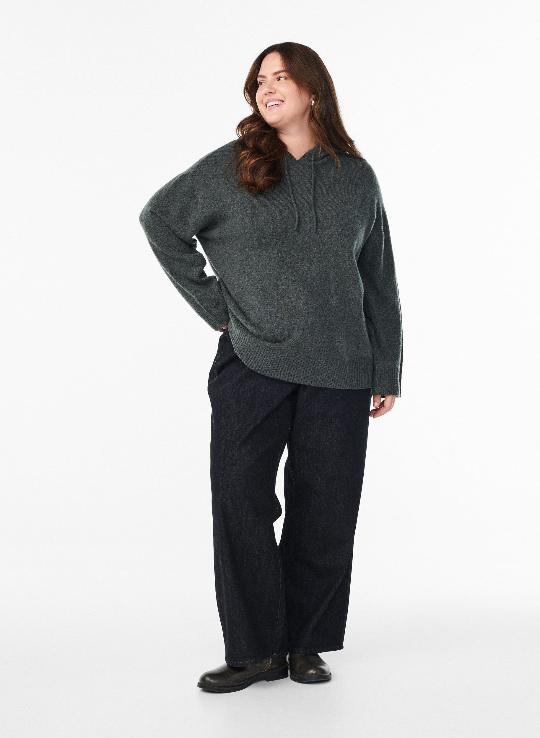 Zizzi Strikket hettegenser, Gr&oslash;nn, Model image number 1