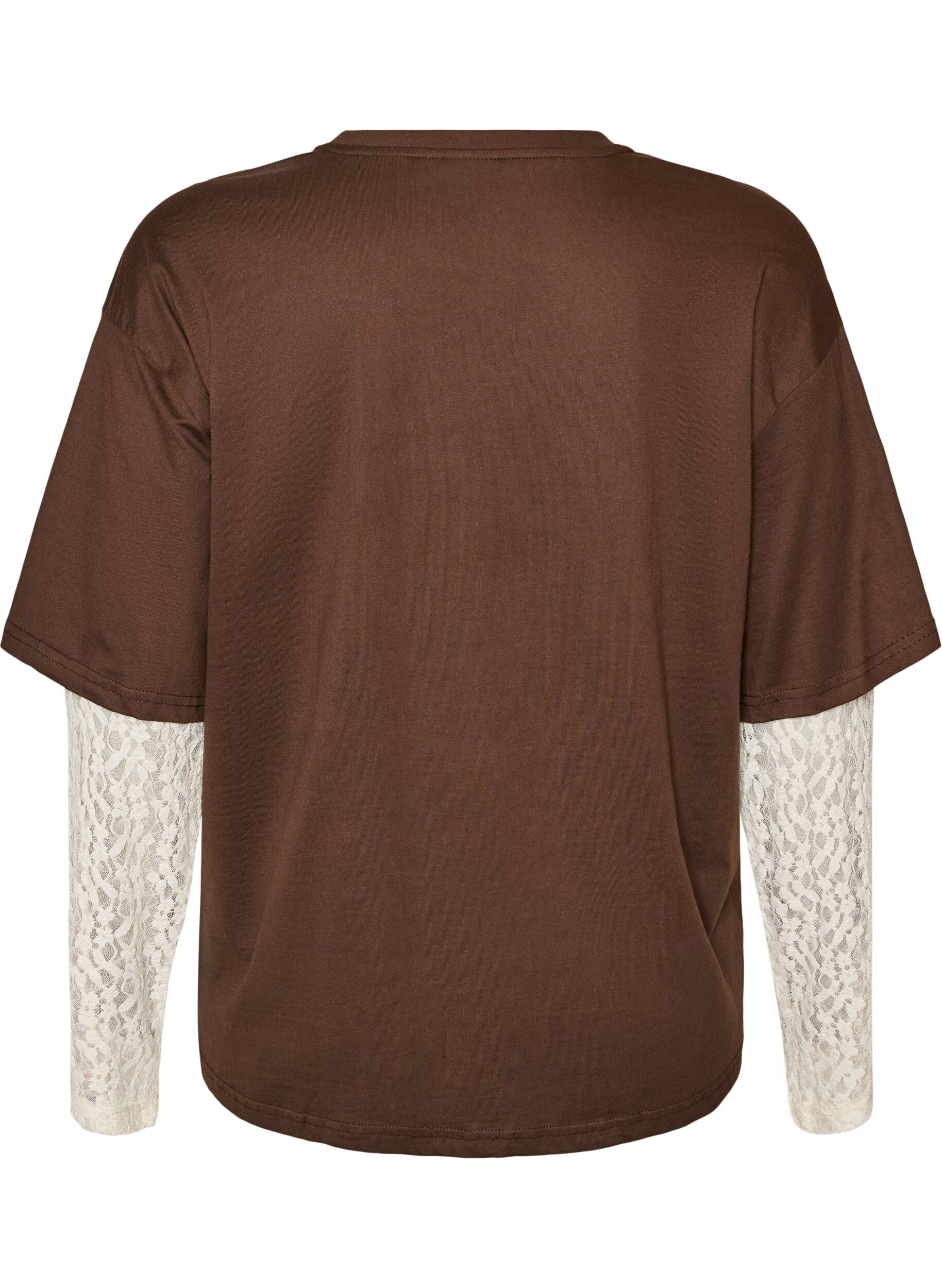 ZizziLoose fit T-skjorte med lange blondeermer, Brun, Packshot image number 1