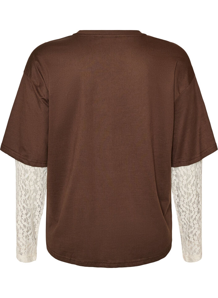 Loose fit T-skjorte med lange blondeermer, Brun, Packshot image number 1