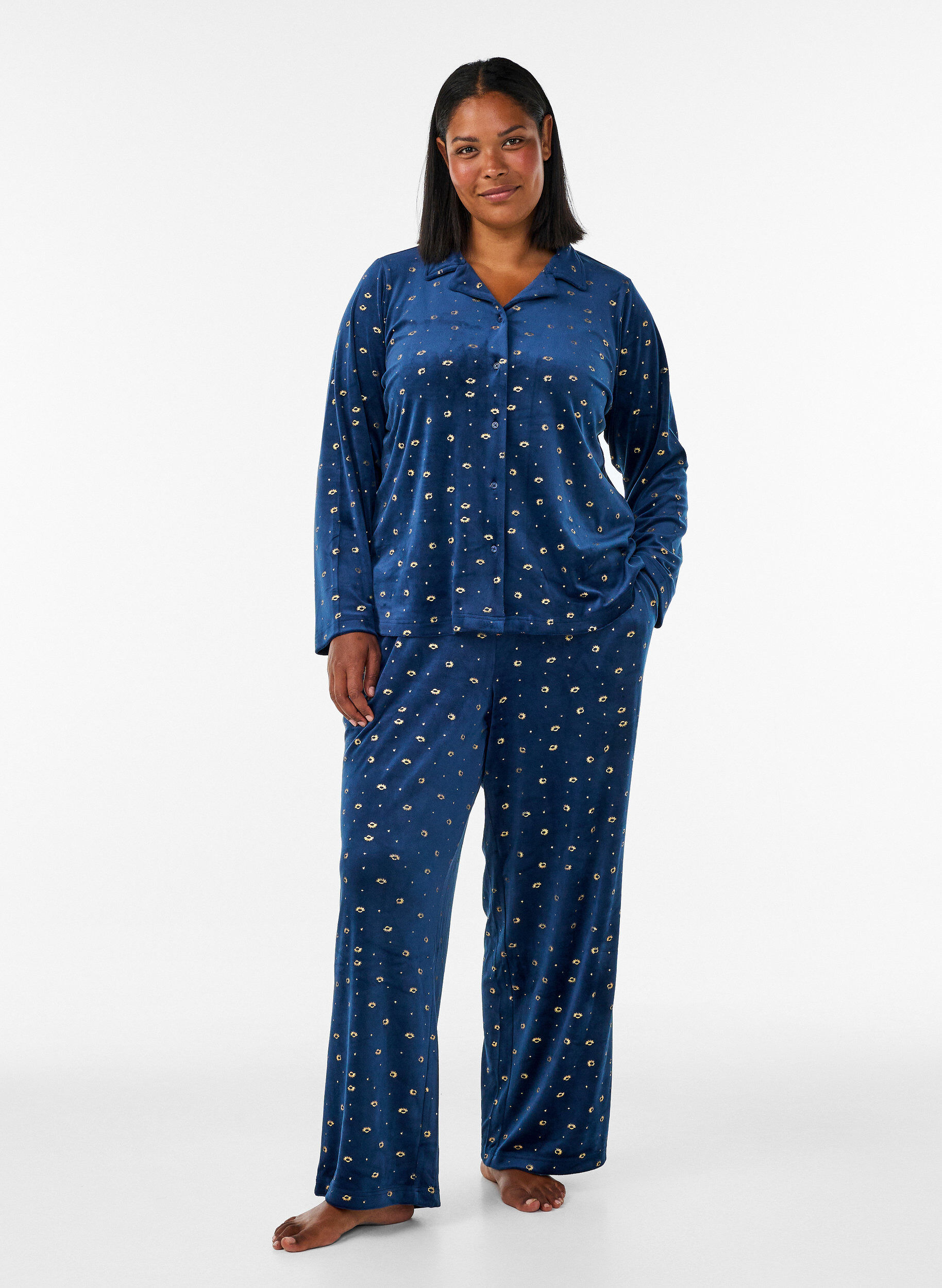 ZizziVelour pyjamas-skjorte med all-over trykk, Bl&aring;, Model image number 1