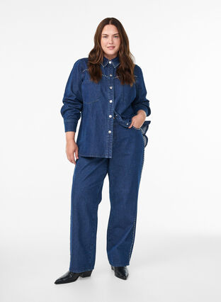 Zizzi Jeans med vide ben og nagler med høy midje, Dark Blue Denim, Model image number 0