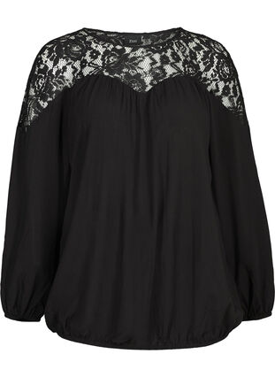 Bluse i viskose med blonder, Black, Packshot image number 0