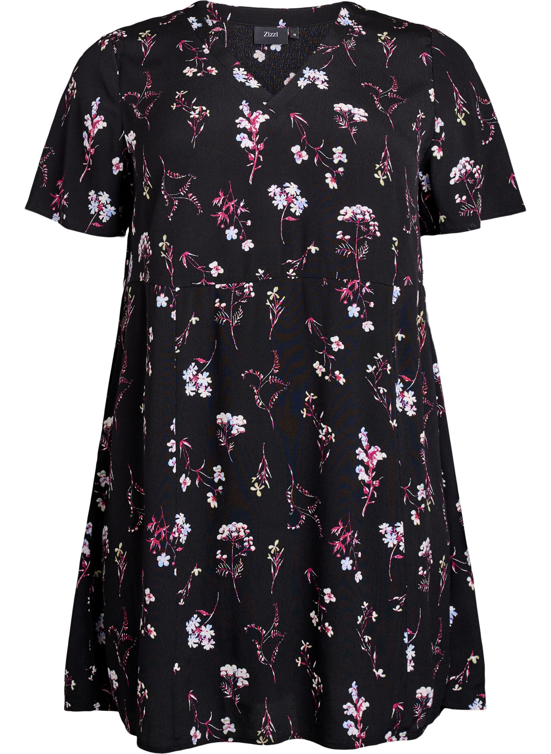 ZizziKort kjole med blomstertrykk, Svart, Packshot image number 0