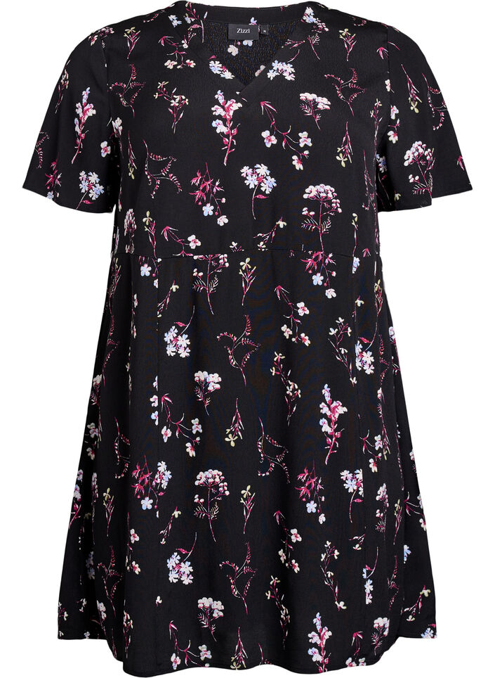 Kort kjole med blomstertrykk, Svart, Packshot image number 0