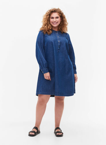 Denimkjole med lange ermer, Blue denim, Model image number 2