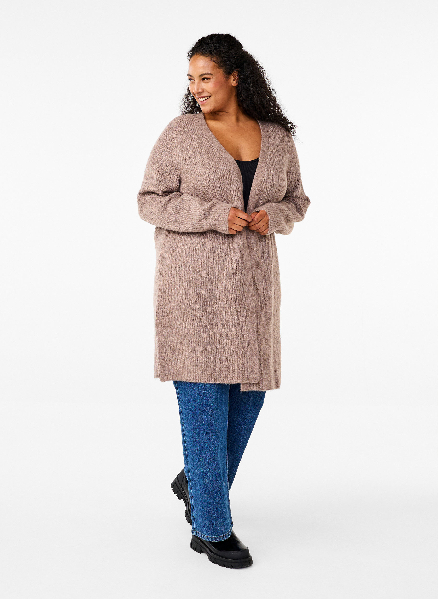 Zizzi FLASH - Ribbestrikket cardigan med splitter, Brown Lentil Melange, Model image number 2