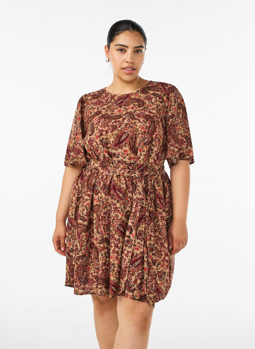 Kjole med paisleytrykk og knytebelte, Brun, Model image number 0