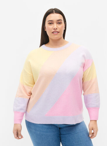 Strikkegenser med striper og rund hals, Pale Banana Mel.Com, Model image number 0