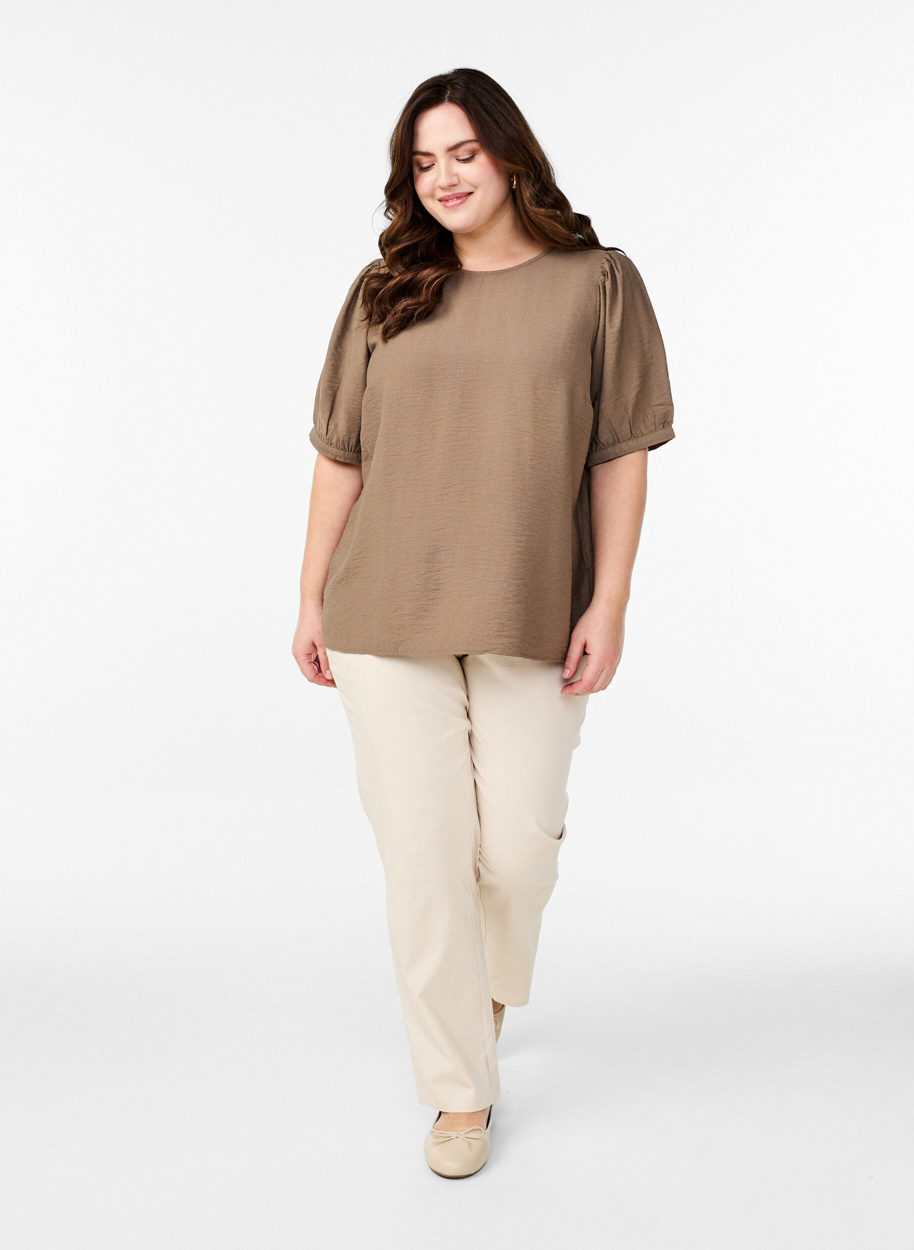 Zizzi Viskose bluse med 1/2 ermer, Brun, Model image number 1