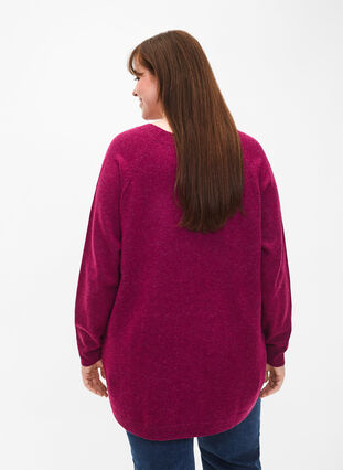 Strikket genser i melange med perleknapper på sidene	, Raspberry Mel., Model image number 1
