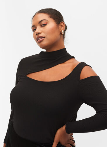 Langermet bluse med utskjæringer, Black, Model image number 2