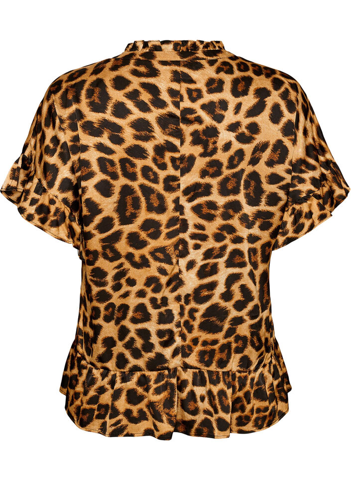 Bluse med leopardtrykk og volangdetaljer, Brun, Packshot image number 1