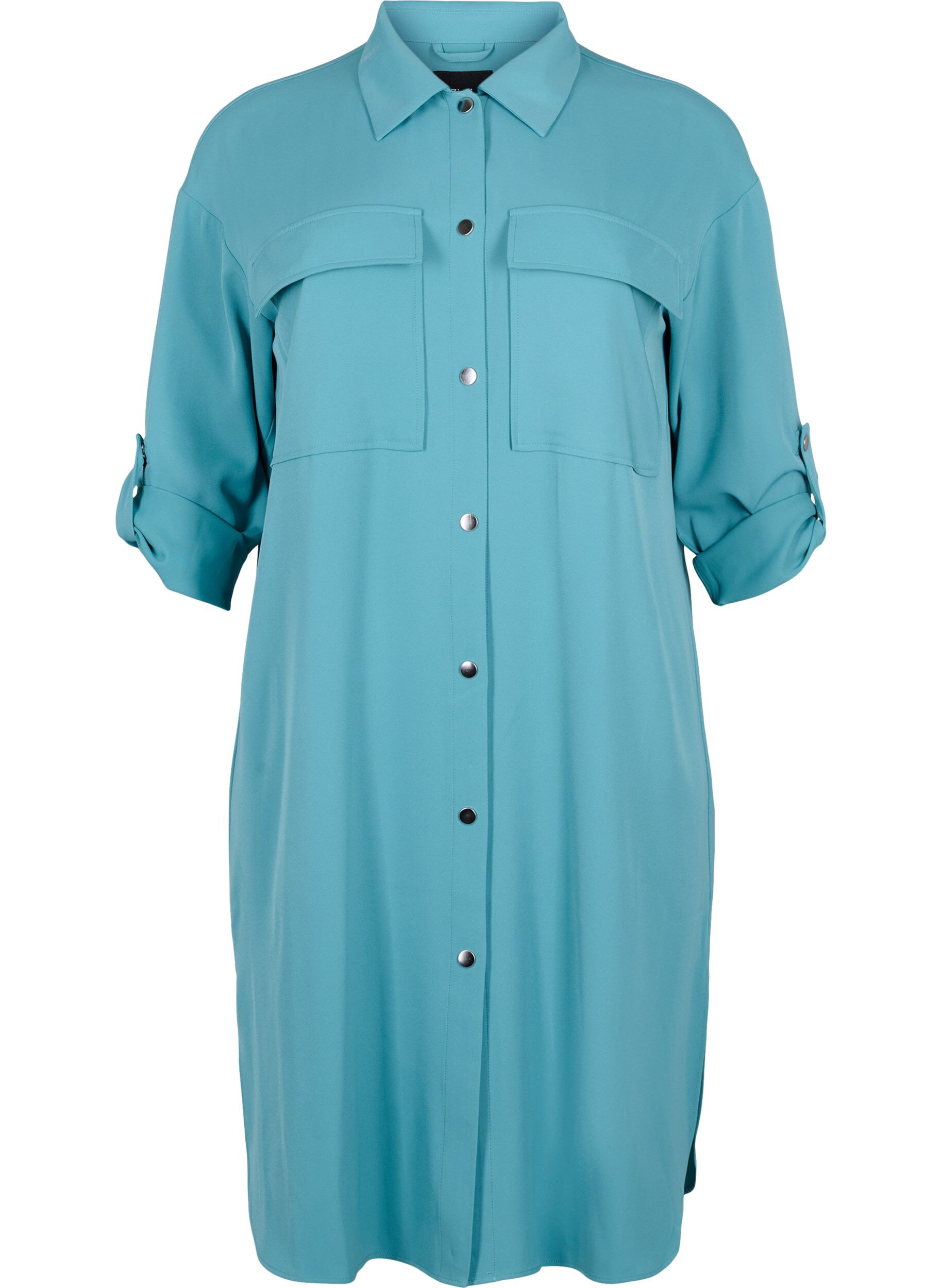 Zizzi Lang skjortejakke med knappelukking, Brittany Blue, Packshot image number 0