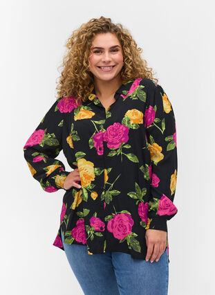 Blomstrete skjortebluse med knapper og smock, Black Flower AOP, Model image number 0