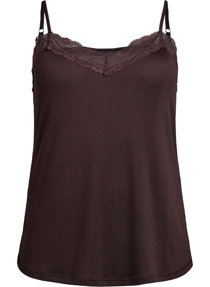 Ribbet jerseytopp med blondedetaljer, Brun, Packshot image number 0