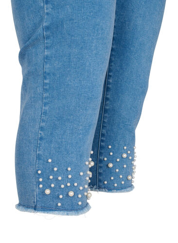 Capribukser i denim med høyt liv og perler, Light blue denim, Packshot image number 3