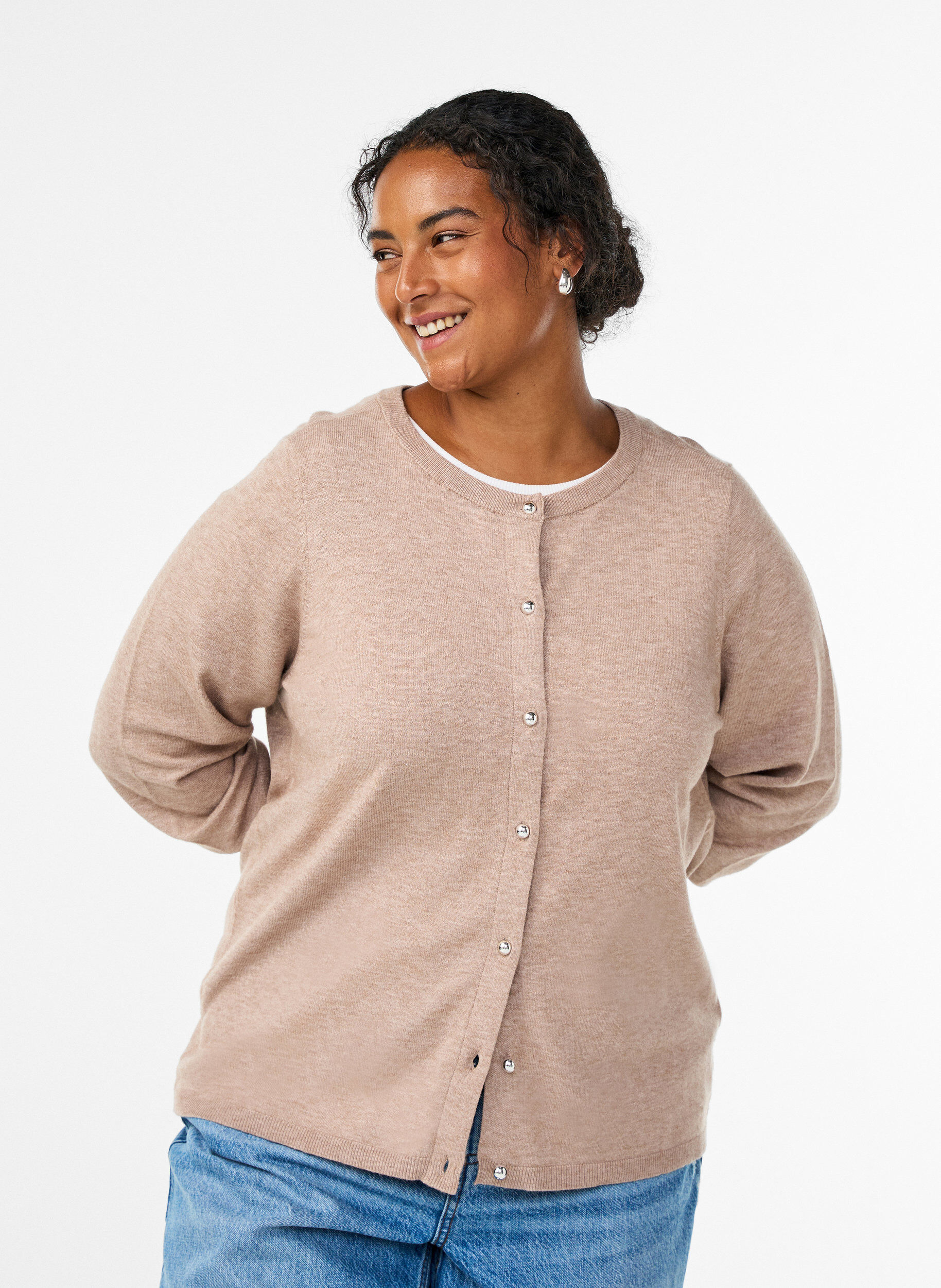 Cardigan med runde knapper, Beige, Model