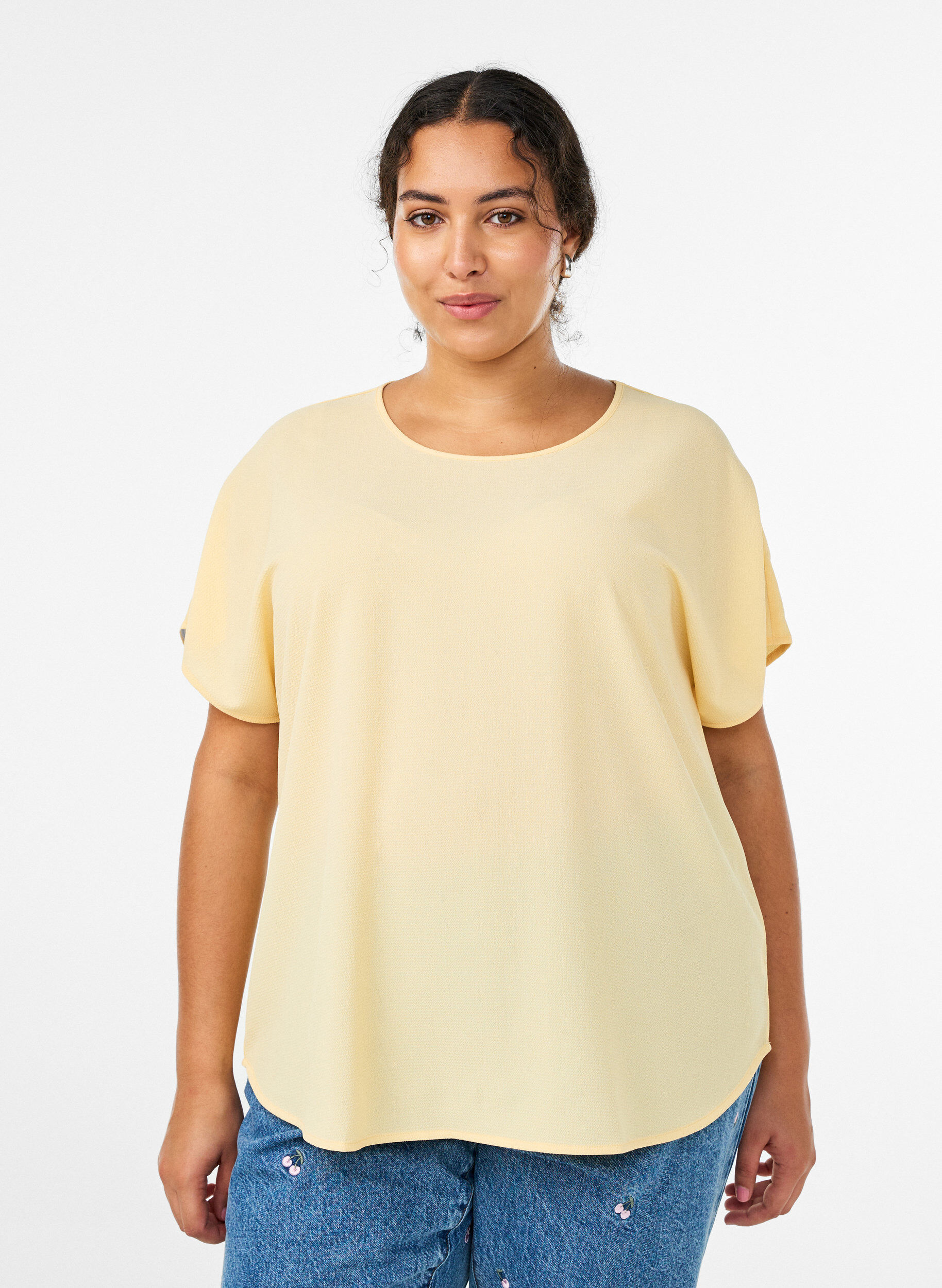 Bluse med korte ermer og rund hals, Gul, Model