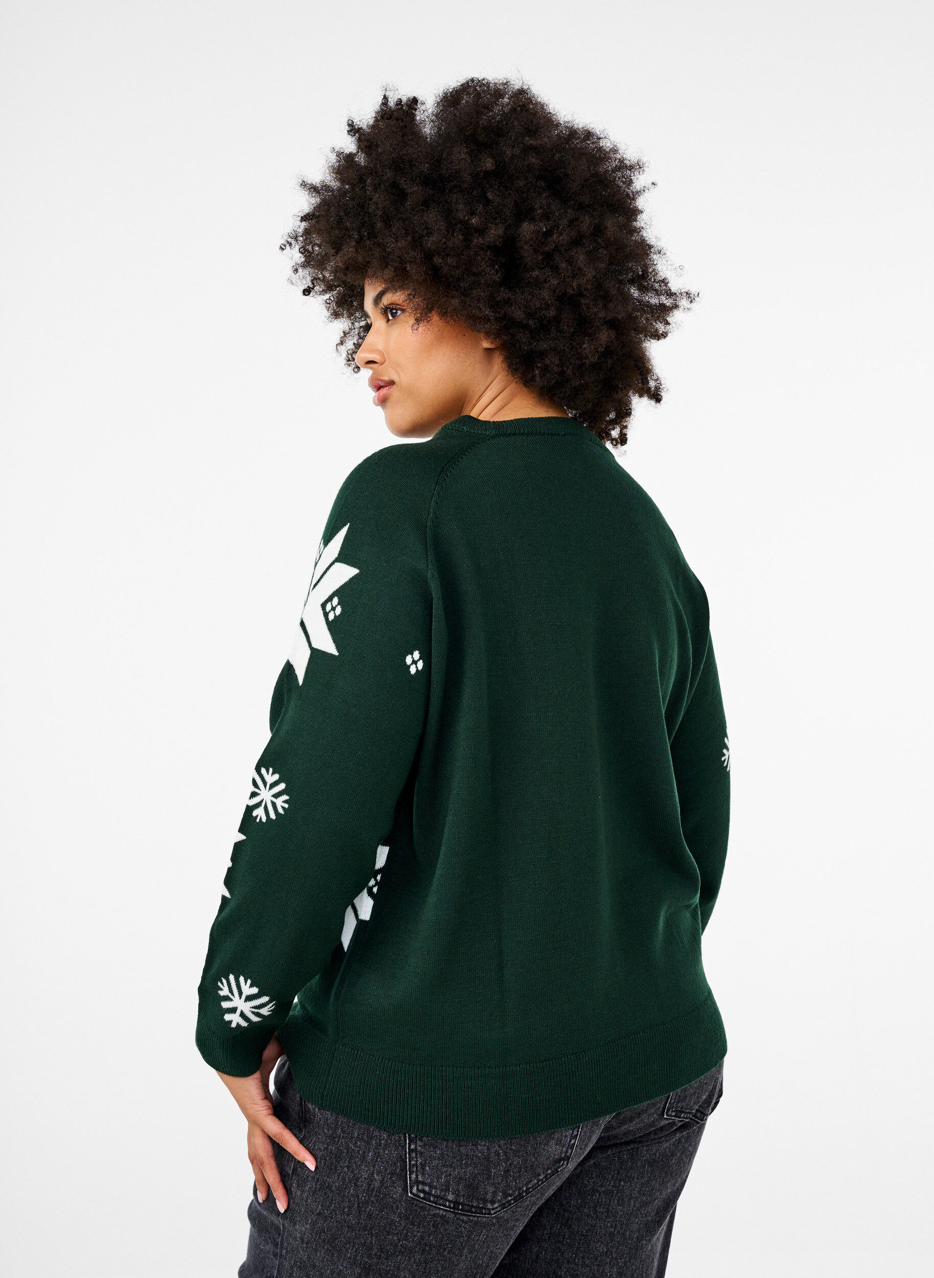 Zizzi Strikkegenser med sn&oslash;fnugg, Gr&oslash;nn, Model image number 2