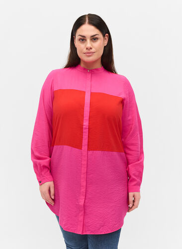 Lang skjorte med colorblock, Pink Red Block, Model image number 0