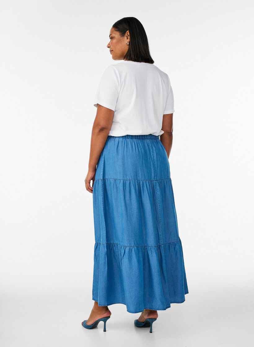 Denim maxiskj&oslash;rt med volanger, Bl&aring;, Model image number 1