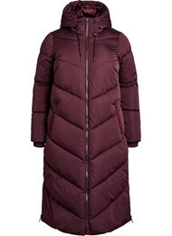 Lang pufferjakke med hette og lommer, M&oslash;rk Bordeaux