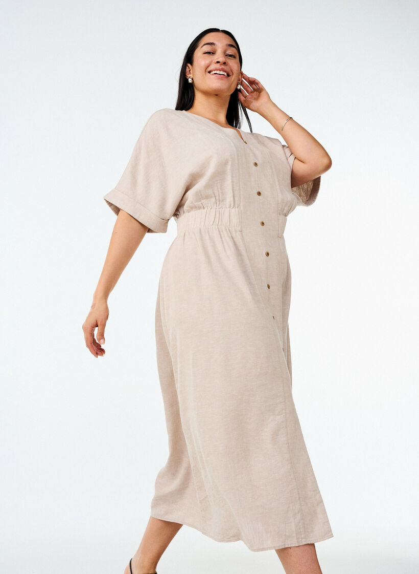 Midikjole i lin og viskose med splitt foran, Beige, Image image number 0