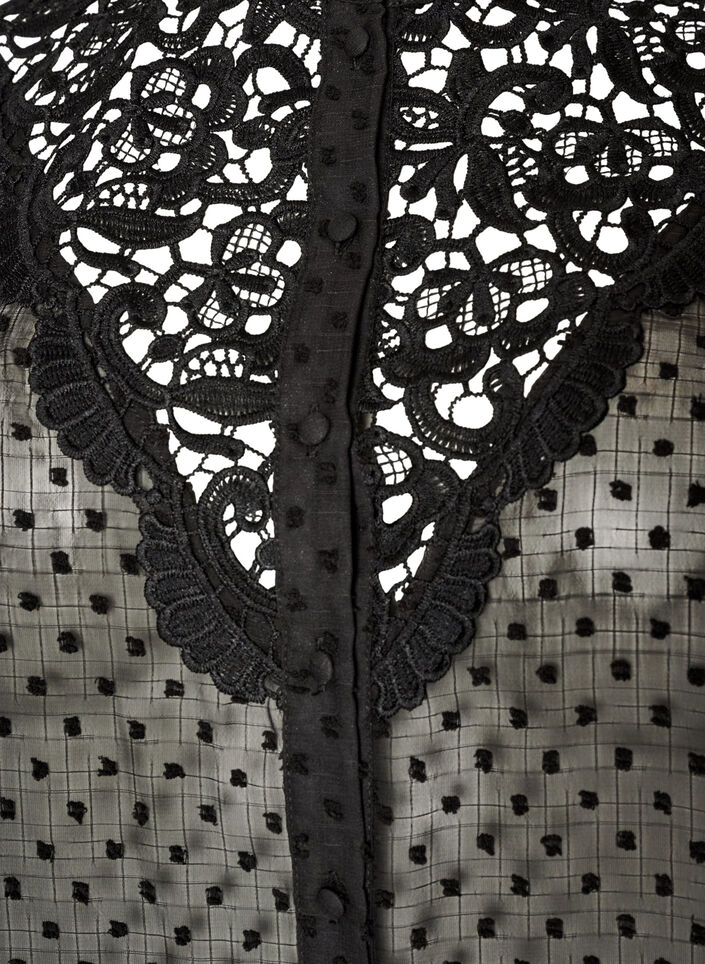 Skjortebluse med blondeinnlegg og prikkem&oslash;nster, Svart, Packshot image number 2