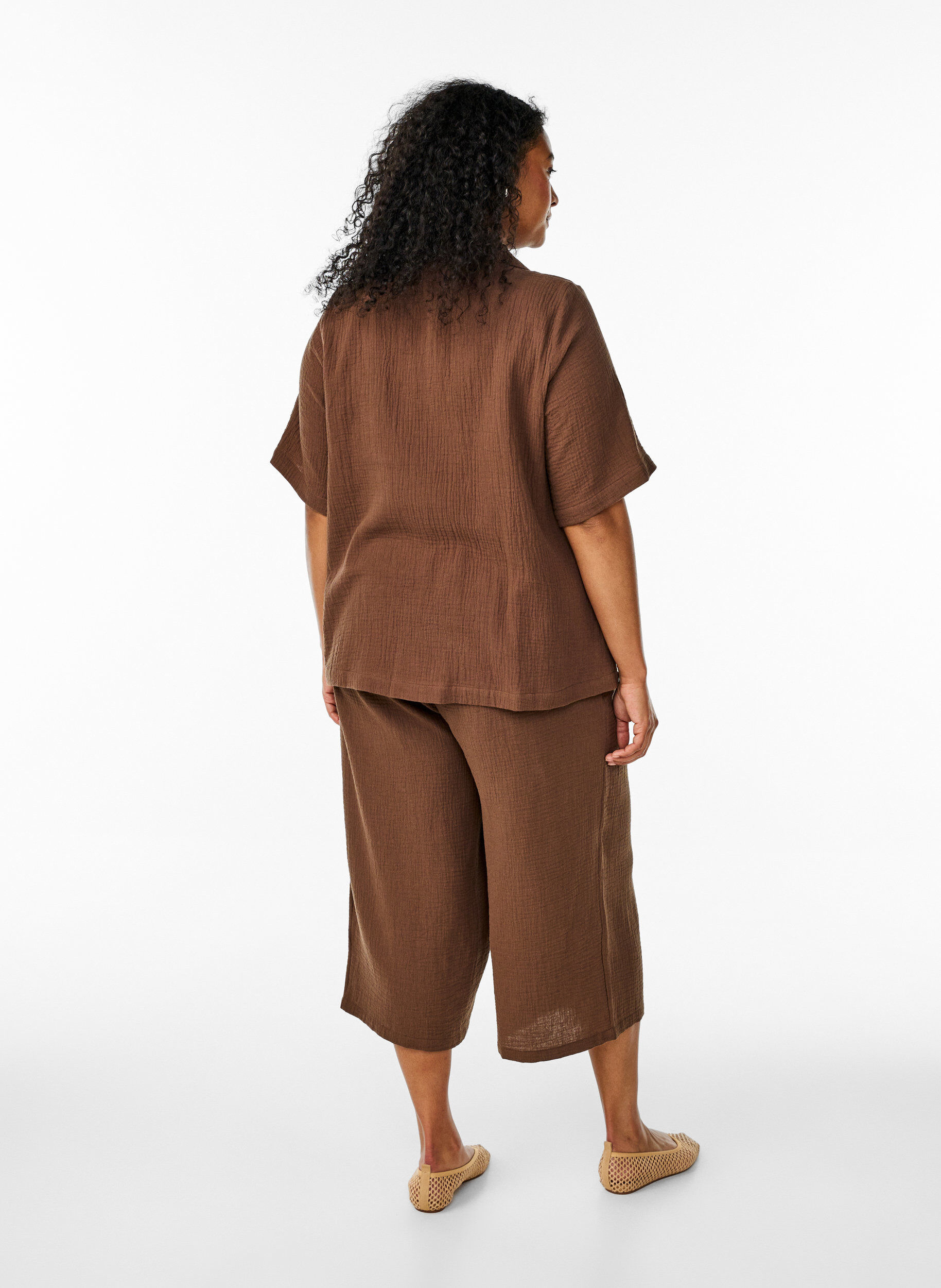 ZizziCulottebukse i bomullsmuslin med h&oslash;y midje, Brun, Model image number 1