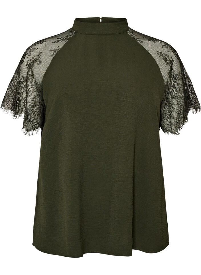 Bluse med korte blondeermer og h&oslash;y hals, Gr&oslash;nn, Packshot image number 0