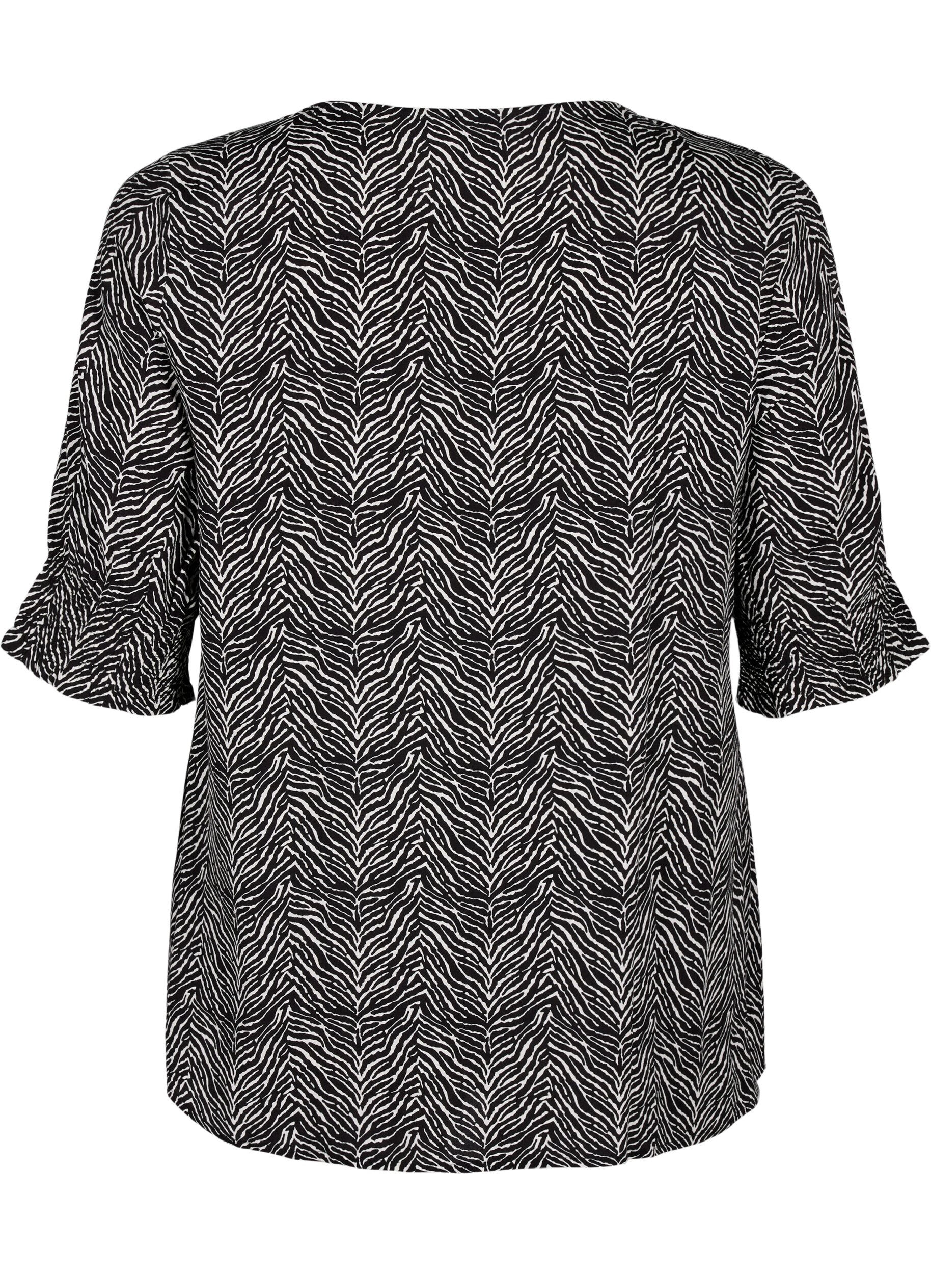 Zizzi Bluse i viskose med knapper, Black Graphic AOP, Packshot image number 1