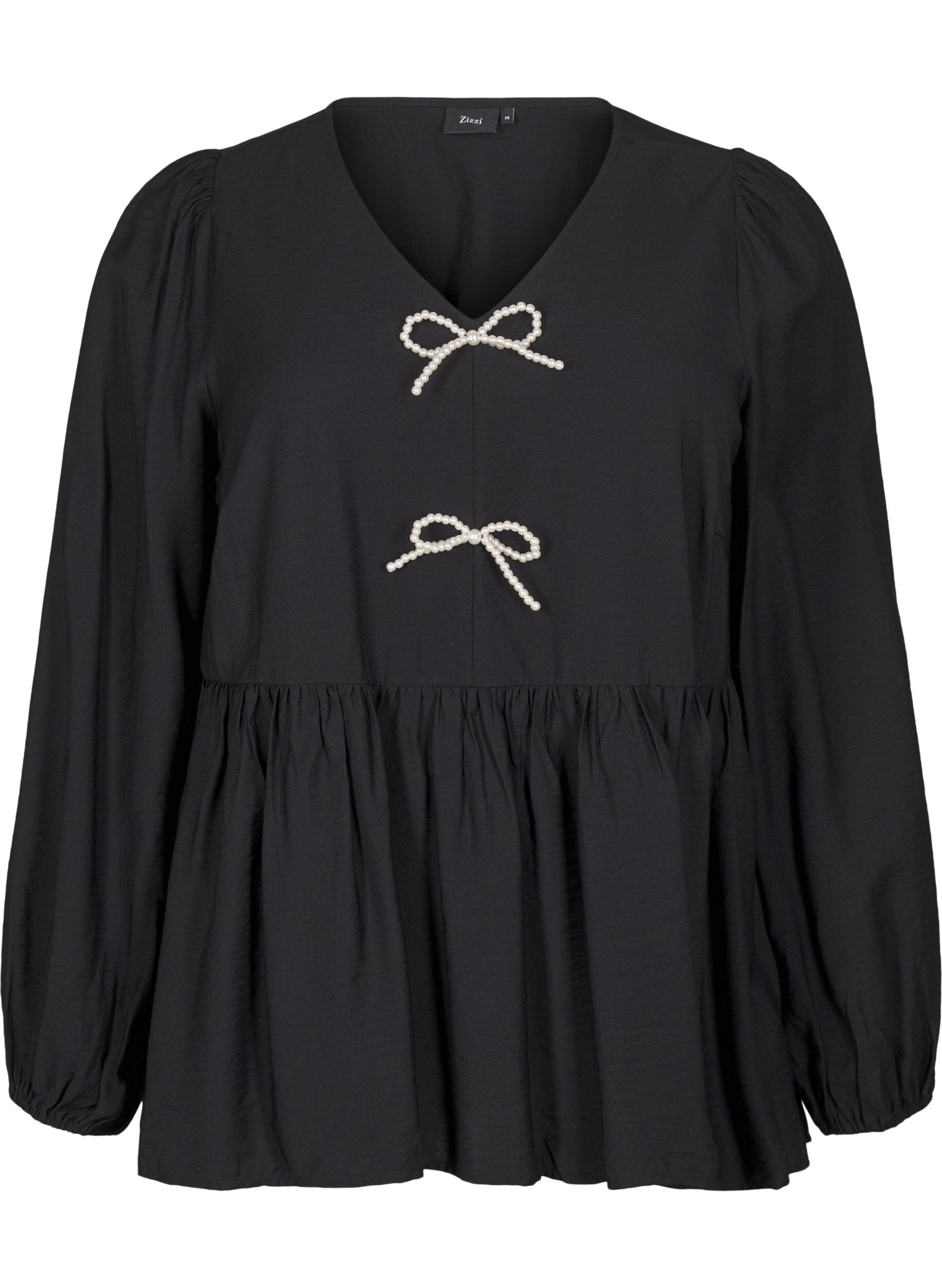 Zizzi Bluse med perlesl&oslash;yfer og lange ermer, Black, Packshot image number 0