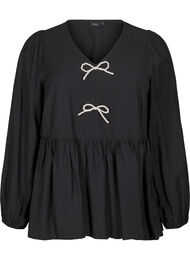 Bluse med perlesløyfer og lange ermer, Black