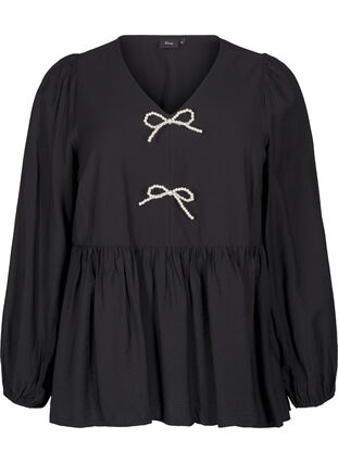 Zizzi Bluse med perlesløyfer og lange ermer, Black, Packshot image number 0