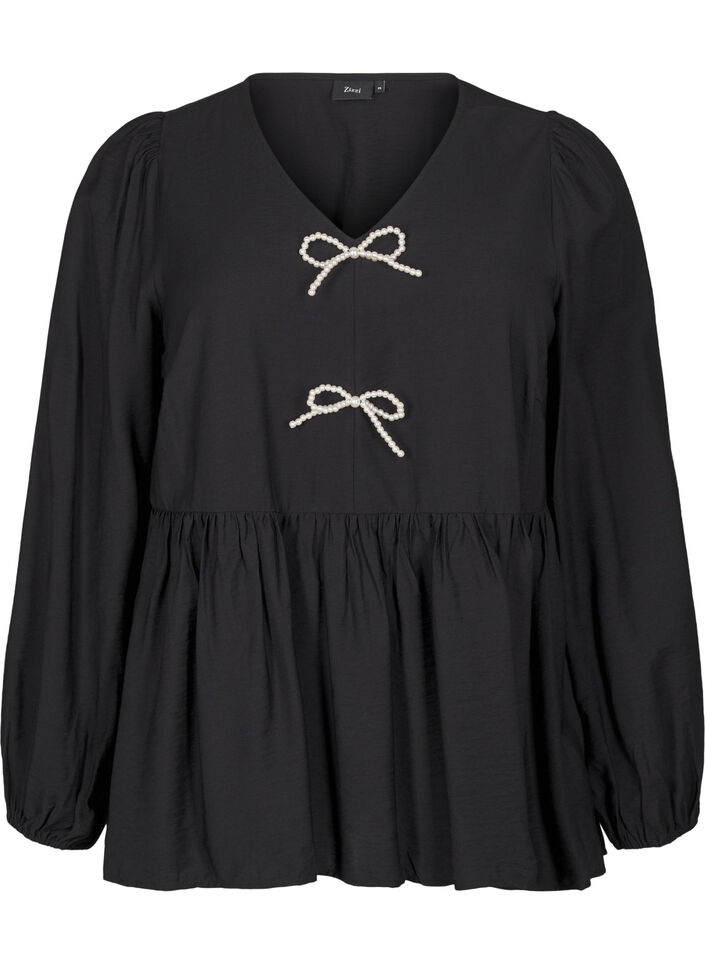 Bluse med perlesløyfer og lange ermer, Black, Packshot image number 0