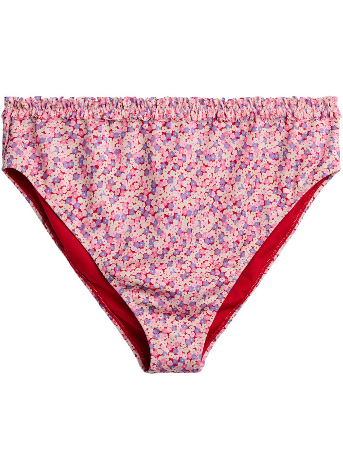Blomstret tai bikini truse med rynket kant, Rosa, Packshot image number 0