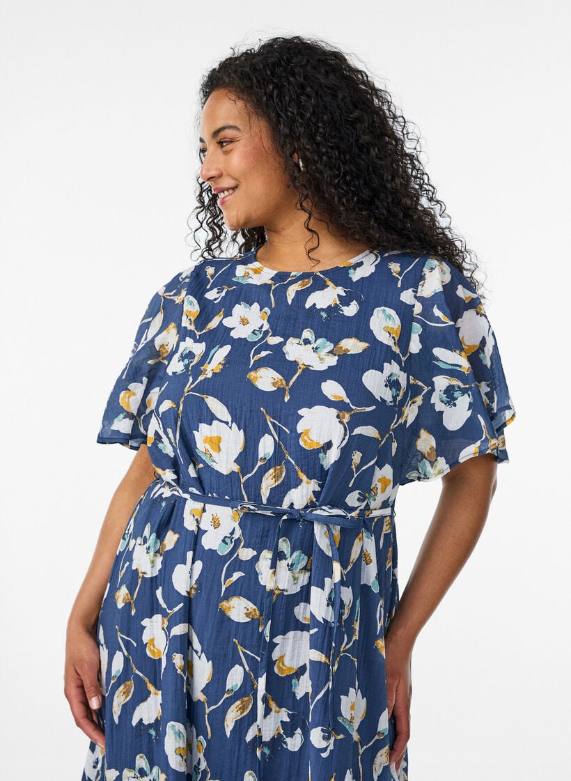 Ankellang kjole med flagrende ermer og knytebelte, Bl&aring;, Model image number 2